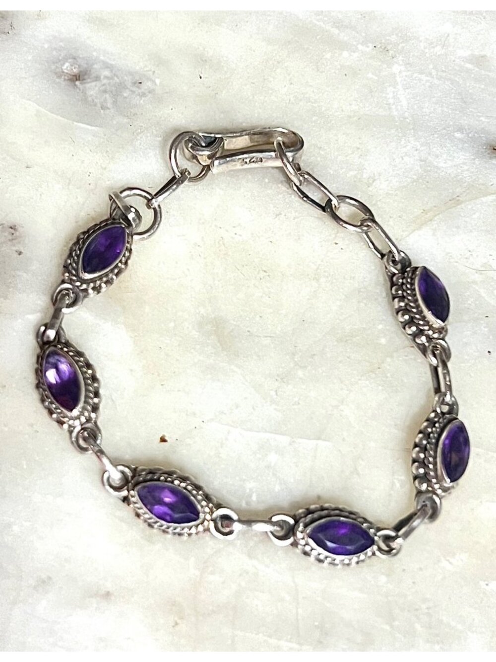 Amethyst Sterling Silver Marquise Link Bracelet